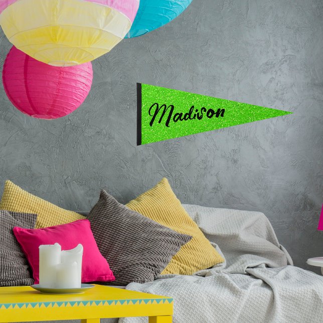 Elegant Modern Green Glitter Script Custom Name Pennant Flag (Creator Uploaded)
