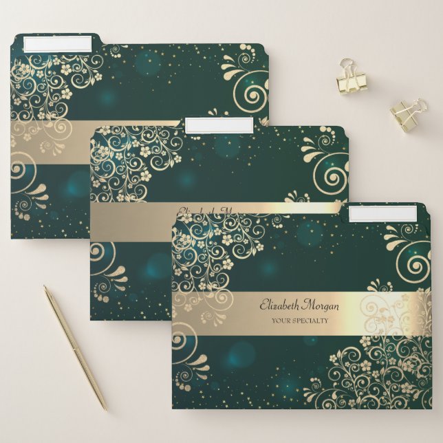 Elegant Modern Green Gold Flowers Stars  Stripe  File Folder (Set)