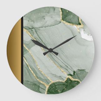Elegant Modern Green Gold Marble Stone Pattern Large Clock
