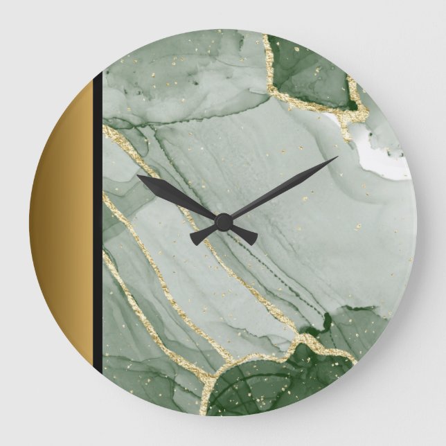 Elegant Modern Green Gold Marble Stone Pattern  Large Clock (Front)