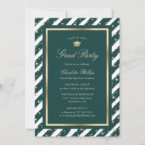 Elegant Modern Green Gold Photo Graduation Party Invitation