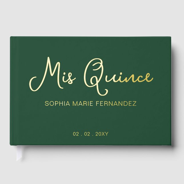Elegant Modern Green Gold Quinceañera Foil Guest Book (Front)