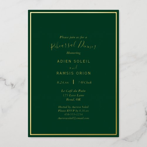 Elegant Modern Green Gold Wedding Rehearsal Dinner Foil Invitation