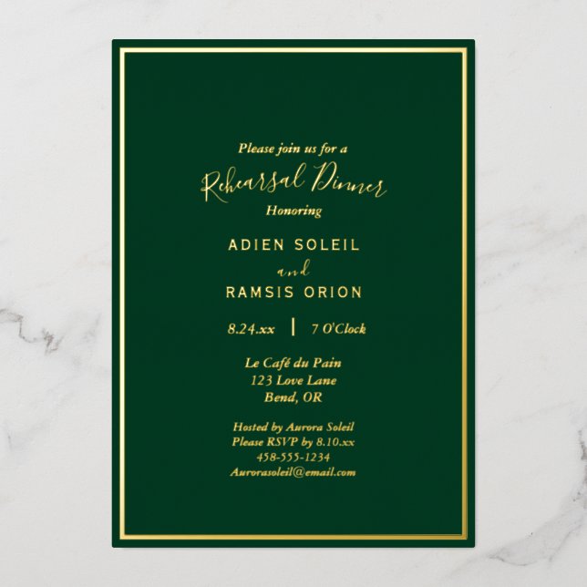 Elegant Modern Green Gold Wedding Rehearsal Dinner Foil Invitation (Front)