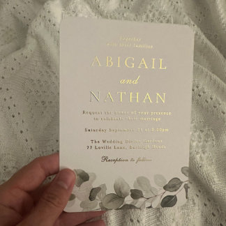 Elegant Modern Green Leaf Wedding Golden Foil Invitation