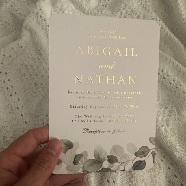 Elegant Modern Green Leaf Wedding Golden Foil Invitation (Creator Uploaded)