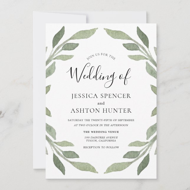 Elegant Modern Green Leaf Wreath Wedding Invite (Front)