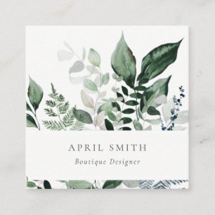 Elegant Modern Green Leafy Tropical Foliage Fern Square Business Card