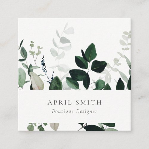 Elegant Modern Green Leafy Tropical Foliage Fern Square Business Card