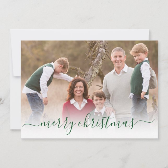 Elegant Modern Green Merry Christmas Script Photo Holiday Card (Front)