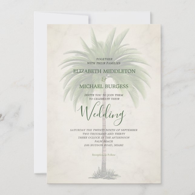 Elegant Modern Green Palm Formal Champagne Wedding Invitation (Back)