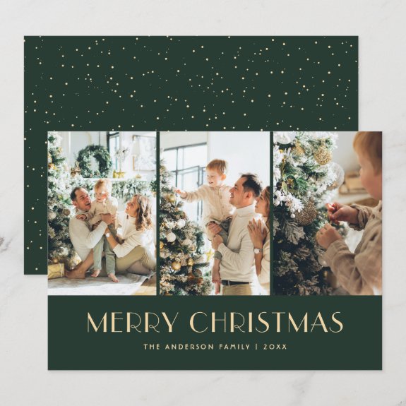 Elegant Modern Green Photo Collage Christmas Cards