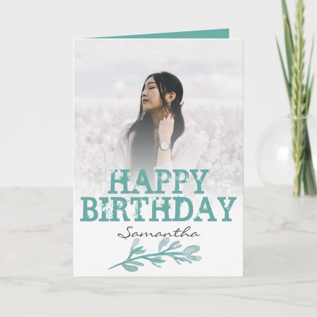 Elegant Modern Green Photo Watercolor  Card (Front)