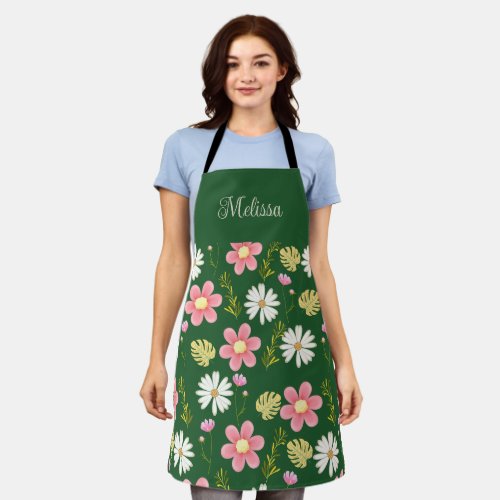 Elegant Modern Green Pink Floral Apron