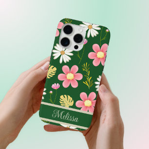 Elegant Modern Green Pink Floral iPhone 15 Pro Max Case