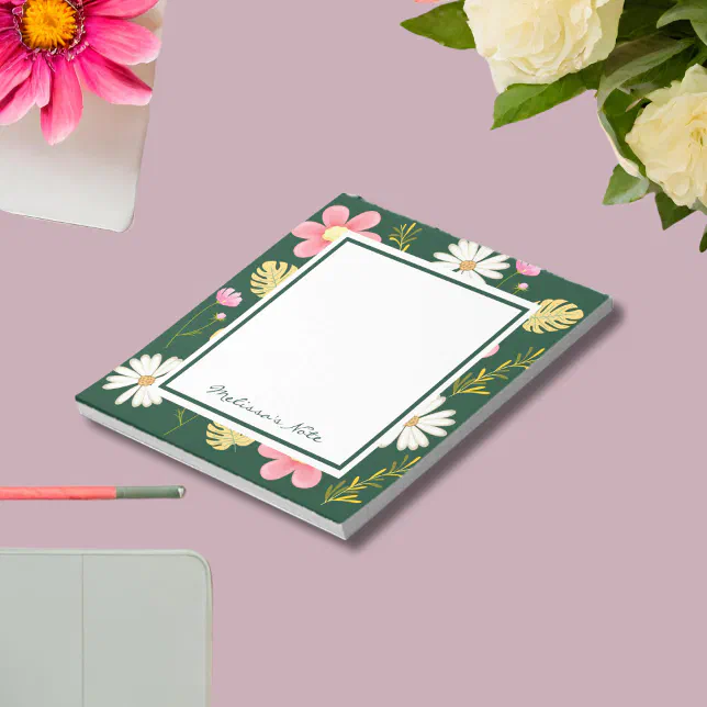Elegant Modern Green Pink Floral Notepad | Zazzle