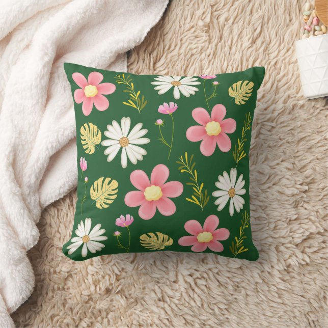 Elegant Modern Green Pink Floral Throw Pillow (Blanket)