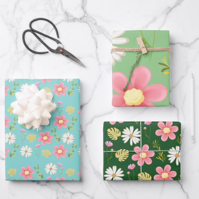 Elegant Modern Green Pink Floral Wrapping Paper Sheets (Front)