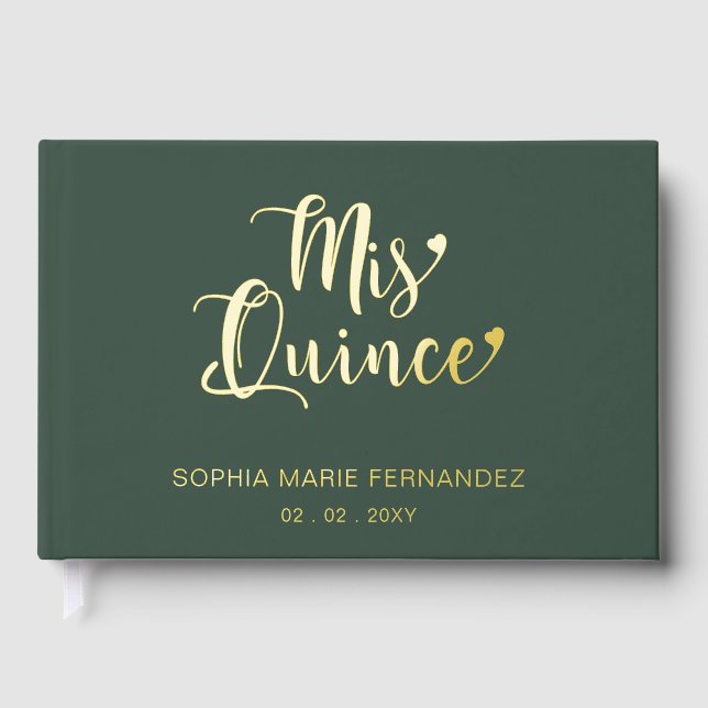 Elegant Modern Green Quinceañera Foil Guest Book (Front)