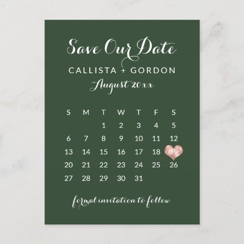 Elegant Modern Green Rose Gold Heart Calendar Announcement Postcard
