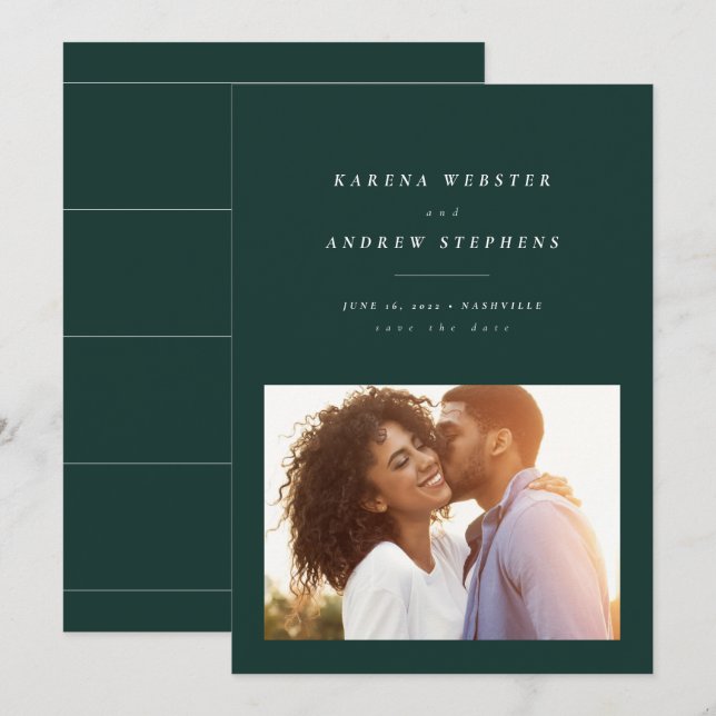 Elegant modern green save the date photo card (Front/Back)