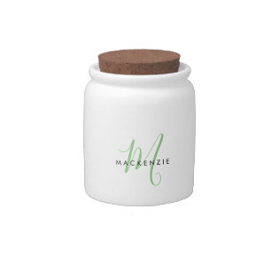 Elegant Modern Green Script Monogram Candy Jar