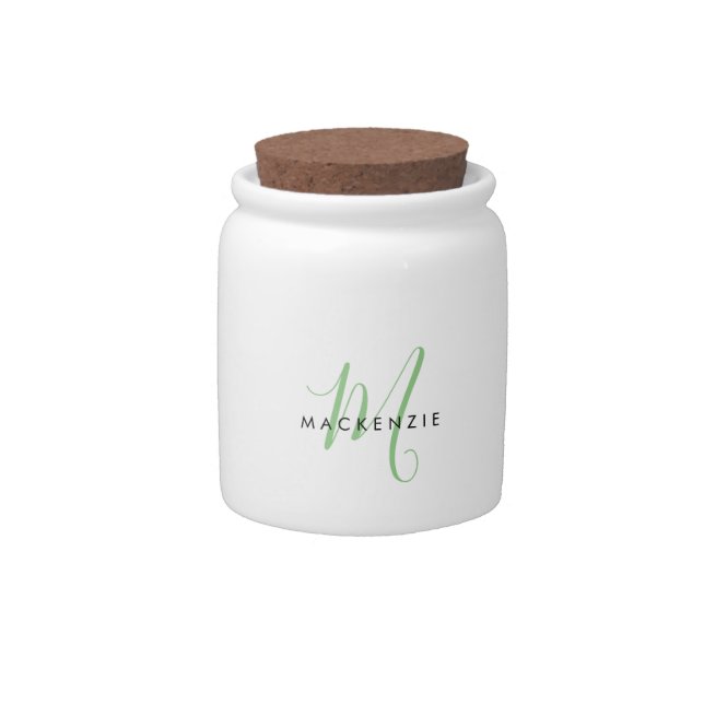 Elegant Modern Green Script Monogram Candy Jar (Front)
