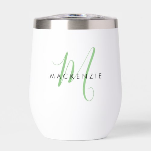 Elegant Modern Green Script Monogram Thermal Wine Tumbler