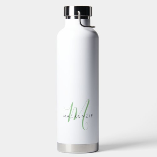 Elegant Modern Green Script Monogram Water Bottle