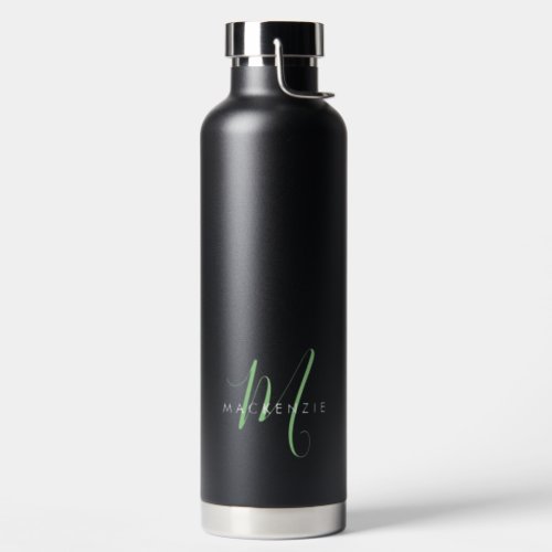 Elegant Modern Green Script Monogram Water Bottle