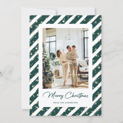 Elegant Modern Green White Photo Merry Christmas Holiday Card