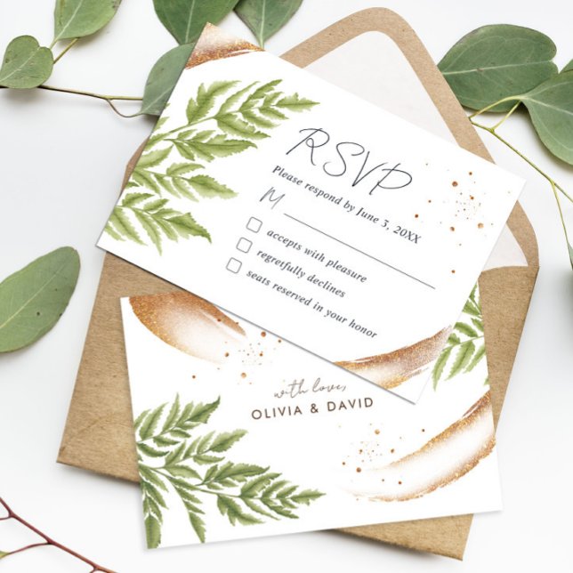 Elegant Modern Greenery and Gold Wedding RSVP Card (Creator Uploaded)