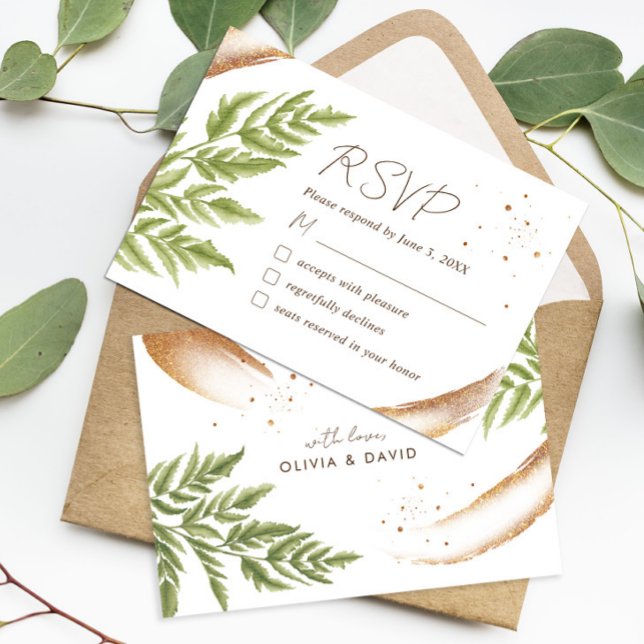 Elegant Modern Greenery and Gold Wedding RSVP Card (Creator Uploaded)