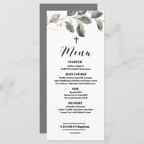 Elegant Modern greenery Baptism 4x9 flat Menu Card