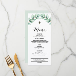 Elegant Modern Greenery Baptism 4x9 flat Menu Card