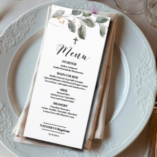 Elegant Modern greenery Baptism 4x9 flat Menu Card
