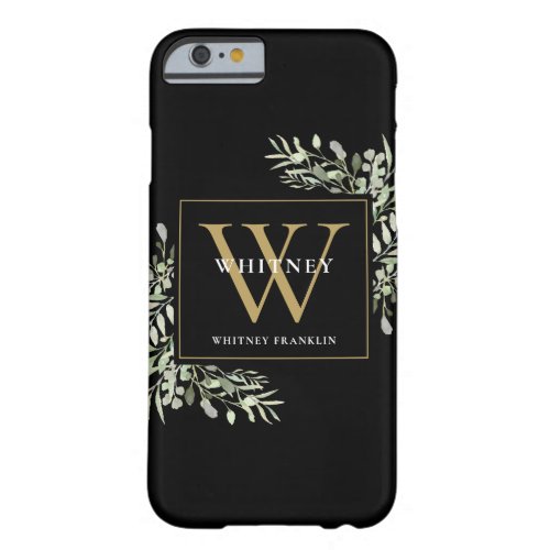 Elegant Modern Greenery Black Gold Monogram  Barely There iPhone 6 Case