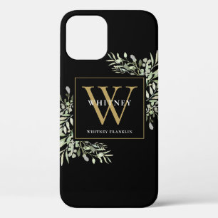 Elegant Modern Greenery Black Gold Monogram iPhone 12 Case