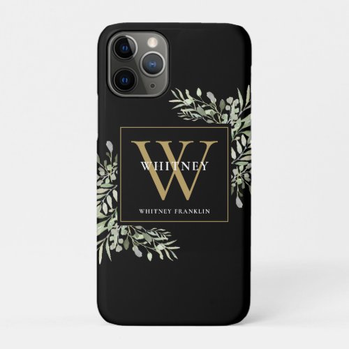 Elegant Modern Greenery Black Gold Monogram  iPhone 11 Pro Case