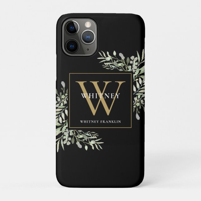 Elegant Modern Greenery Black Gold Monogram  Case-Mate iPhone Case (Back)