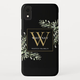 Elegant Modern Greenery Black Gold Monogram iPhone XR Case