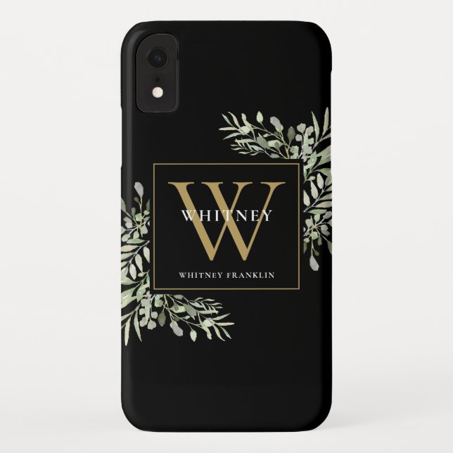 Elegant Modern Greenery Black Gold Monogram  Case-Mate iPhone Case (Back)