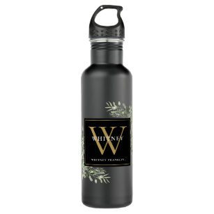 Elegant Modern Greenery Black Gold Monogram Stainless Steel Water Bottle