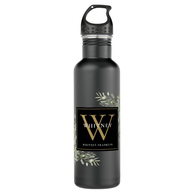 Elegant Modern Greenery Black Gold Monogram Stainless Steel Water Bottle (Front)