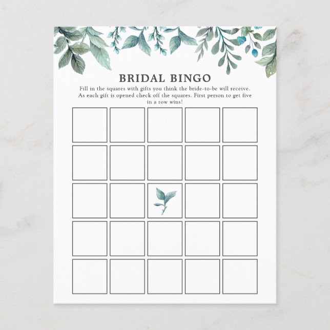 Elegant Modern Greenery Bridal Shower Bingo Game (Front)