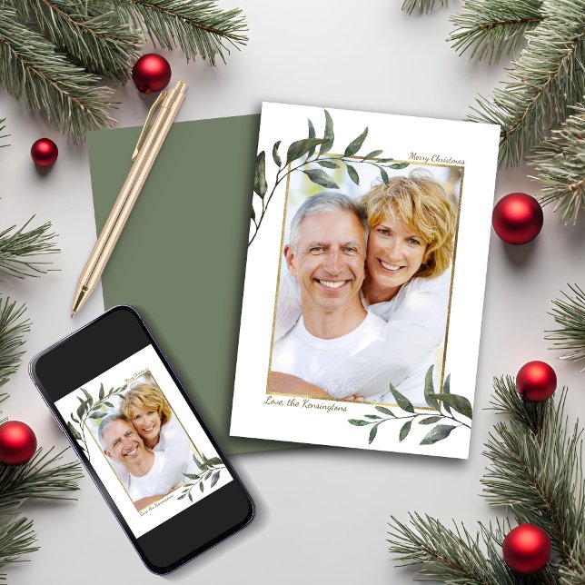 Elegant Modern Greenery Christmas Holiday Photo (Elegant Modern Greenery Christmas Holiday Photo Card)