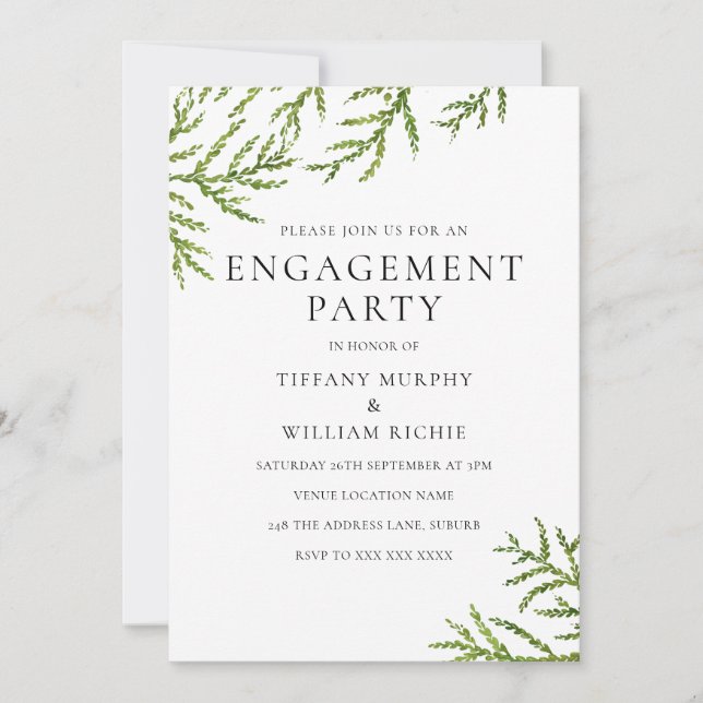 Elegant Modern Greenery Engagement Party Invite (Front)