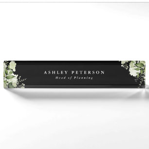 Elegant Modern Greenery Floral Black And White Desk Name Plate