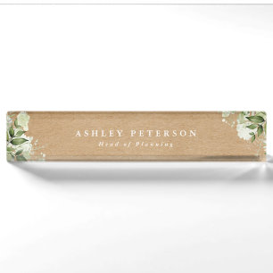 Elegant Modern Greenery Floral Rustic Kraft Desk Name Plate