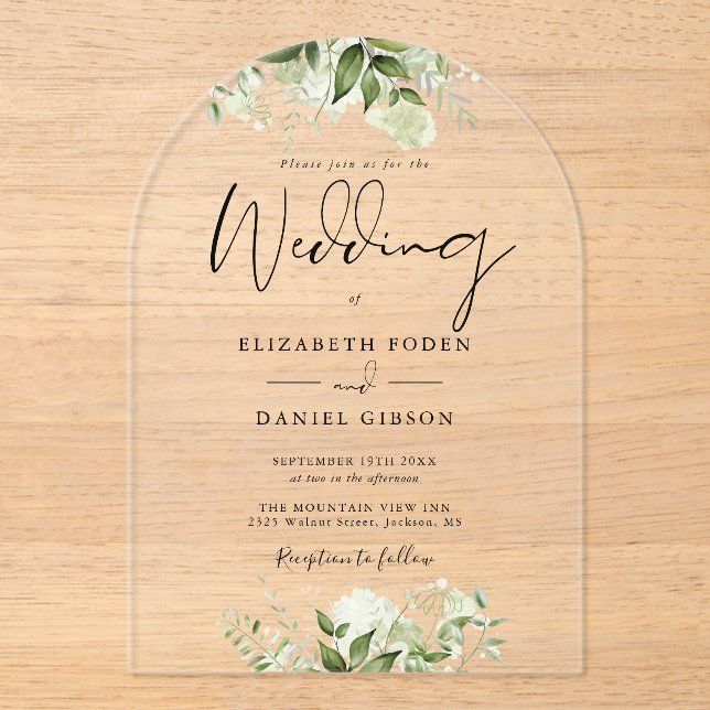 Elegant Modern Greenery Floral Wedding Arch Acrylic Invitations (Front)